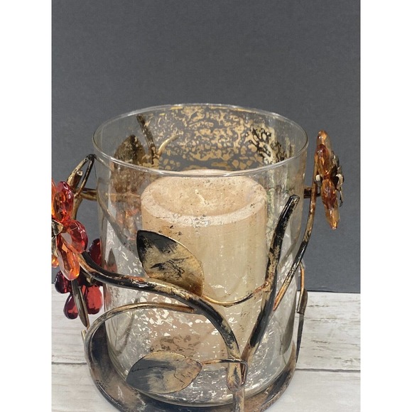 Vintage Gilded Metal Crystal Flowers Floral Design 3 Pc Pillar Candle Holder - Picture 9 of 11